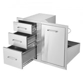 Stainless steel outdoor kitchen cabinet with door and three drawers, 29.5 inches wide.