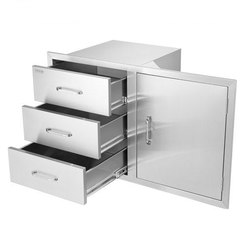 Stainless steel outdoor kitchen door drawer combo with three spacious drawers for storage.