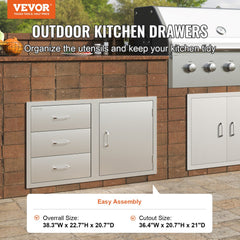 Stainless steel outdoor kitchen door drawer combo with three spacious drawers for storage.