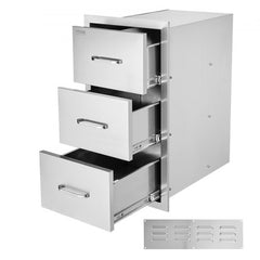 Stainless steel outdoor kitchen unit with three soft-close drawers, 16x28.5x20.5 inches.