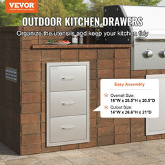 Stainless steel outdoor kitchen triple drawers, 16x28.5x20.5 inches, in brick grill setup.