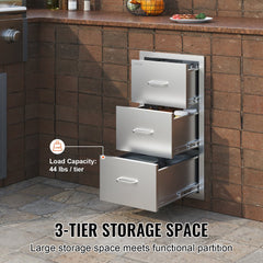 Stainless steel outdoor kitchen triple drawers unit with three tiers, 16x28.5x20.5 inches.