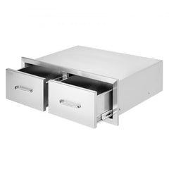 Stainless steel outdoor kitchen unit with two open 30-inch double drawers.