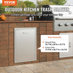 Stainless steel pull-out trash drawer designed for outdoor BBQ islands with smooth sliding rails.