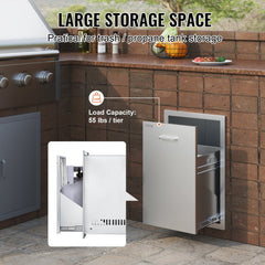 Stainless steel propane tank drawer with smooth-gliding rails, 16x22x16 inches.