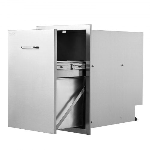 Stainless steel outdoor pull-out trash drawer designed for BBQ islands with smooth operation.