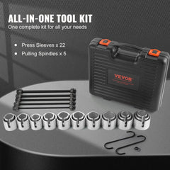 27-piece steel bushing bearing removal and installation tool kit with carrying case.