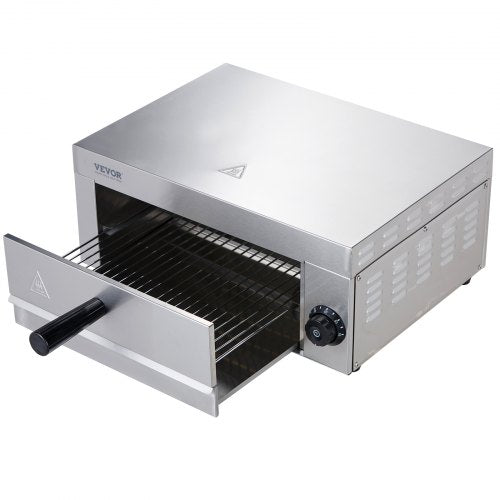 Stainless steel 12-inch electric countertop pizza oven with timer and removable crumb tray.