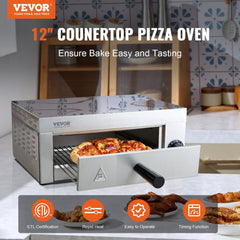 Stainless steel 12-inch electric countertop pizza oven with timer and temperature control.