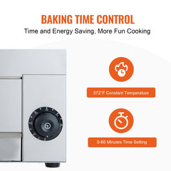 Stainless steel 12-inch electric pizza oven with a timer and removable crumb tray.