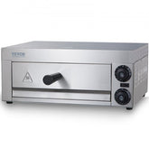 Stainless steel 12-inch electric countertop pizza oven with dual heating and timer controls.