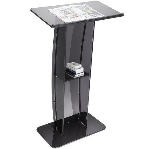 Black acrylic podium stand with a clear pulpit and integrated storage shelf.