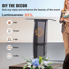 Black acrylic podium stand with a tilted desktop, integrated shelf, and clear design.