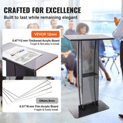 Black acrylic podium stand with a tilted desktop, shelf, and polished base for stability.