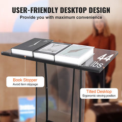 Black acrylic podium stand with a tilted desktop and integrated storage shelf.