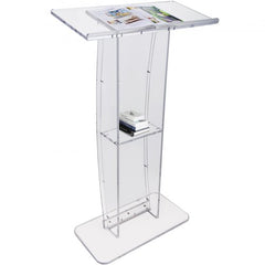 Clear acrylic podium stand with a wide reading surface and integrated storage shelf.