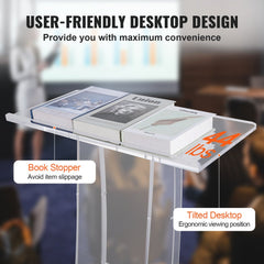 Clear acrylic podium stand with a wide reading surface and integrated storage shelf.