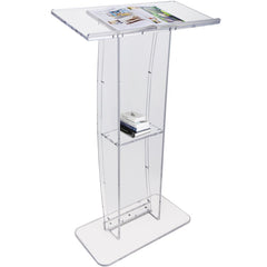 Clear acrylic podium stand with a wide reading surface and integrated storage shelf.