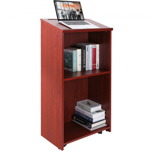 Bostome wood podium stand with wheels, storage shelves, and a spacious tilted desktop.