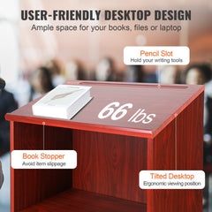 Wood podium stand with wheels, storage shelves, and a tilted desktop for presentations.
