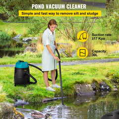 A woman uses a blue Bostome 1400W pond vacuum cleaner with 30L capacity and 17 kPa suction in a green outdoor pond setting.