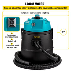 Black and teal pond vacuum cleaner with hose and power switch on top.