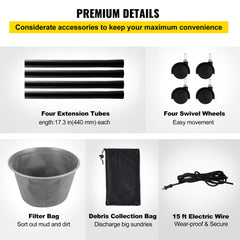 Pond vacuum cleaner accessories including four extension tubes, four swivel wheels, filter bucket, debris bag, and 15 ft power cable.