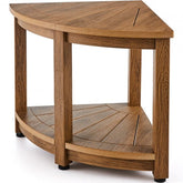 Bostome Corner Shower Bench in faux wood polystyrene with a storage shelf and drainage holes.