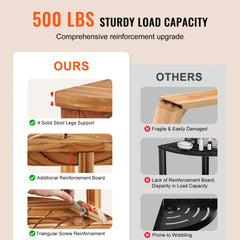 Teak corner shower bench with a storage shelf, 18.5 inches tall, and anti-slip feet.