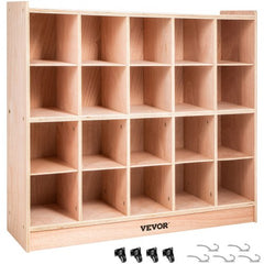 30-inch high wooden storage unit with 20 cubbies and five hooks, made of plywood.
