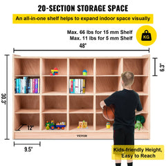 A 30-inch high wooden storage unit with 20 cubbies, shown with toys and a child nearby.