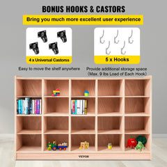 Wooden 20-cubby storage unit with 4 casters and 5 hooks, 30 inches high, made of plywood.