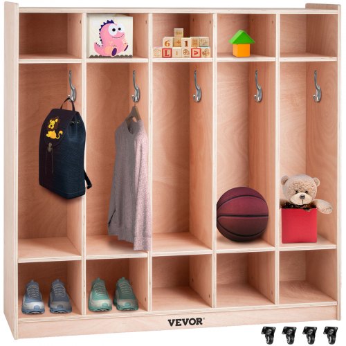 Birch plywood cubby locker with five sections, hooks, and smooth-rolling casters for storage.