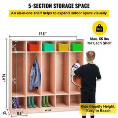 Birch plywood cubby locker with five sections, hooks, and smooth-rolling casters for storage.
