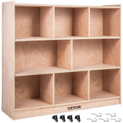 A light wood, 8-section storage cabinet with optional casters and hooks.