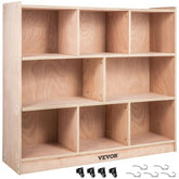 A light wood, 8-section storage cabinet with optional casters and hooks.