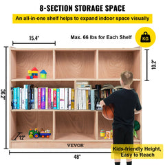 36-inch birch plywood storage cabinet with 8 sections for preschool toys and books.