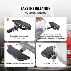 Black steel hitch step with textured surface and universal 2-inch receiver mount, easy to install.