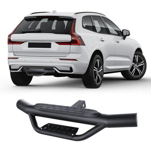 Black steel universal 2-inch receiver hitch step with anti-slip platform and bumper guard.