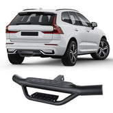 Black steel universal 2-inch receiver hitch step with anti-slip platform and bumper guard.