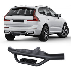 Black steel universal 2-inch receiver hitch step with anti-slip platform and bumper guard.
