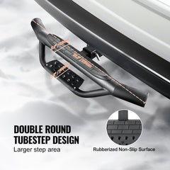 Black steel universal 2-inch receiver hitch step with rubberized non-slip surface and bumper guard.