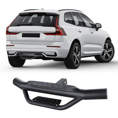 Black steel universal 2-inch receiver hitch step with anti-slip platform and bumper guard.