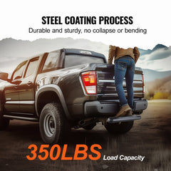 Black steel 2-inch receiver hitch step with anti-slip surface and robust bumper guard design.