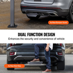 Universal steel hitch step for 2-inch receiver with dual function as bumper guard and anti-slip platform.