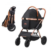 Bostome 4-wheel pet stroller in black with detachable carrier and large wheels for easy transport.