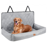 Gray dog booster car seat with high back and removable cover for medium to large dogs.