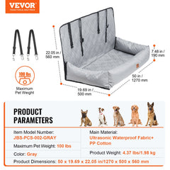 Gray dog booster car seat with high-back design, removable cover, and secure seatbelt installation.