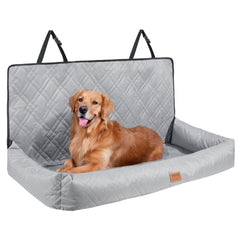 Gray dog booster car seat with high back and removable cover for medium to large dogs.