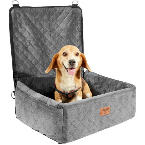 Gray dog booster car seat with quilted fabric, adjustable belts, and side pocket for storage.